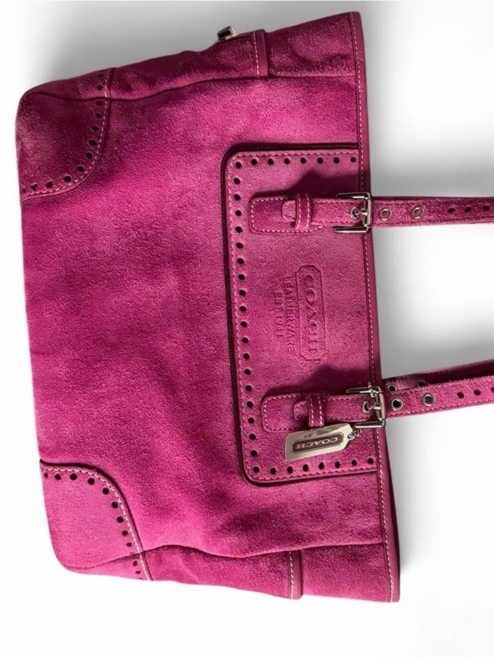 Coach Fuchsia Suede Shoulder Tote with Buckle Accents